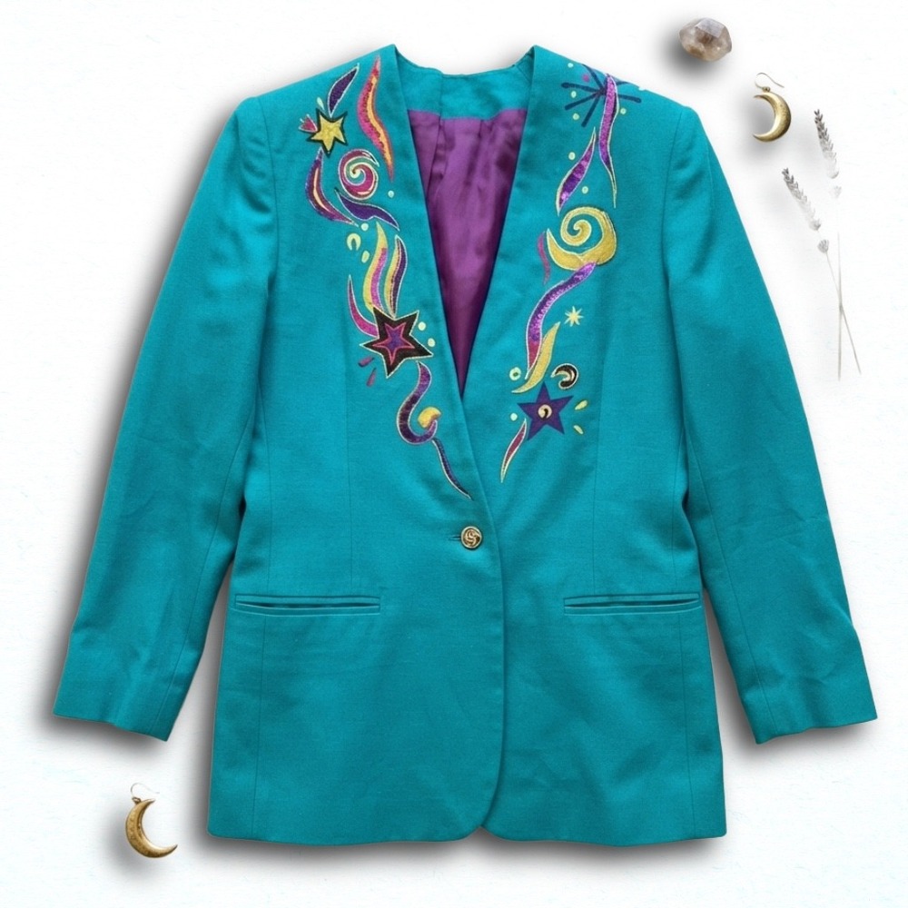 Vintage Teal Celestial Embroidered Blazer Star Moon Longline Jacket Woman